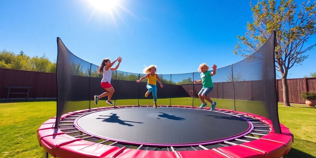 Children playing on a trampoline in a sunny backyard.