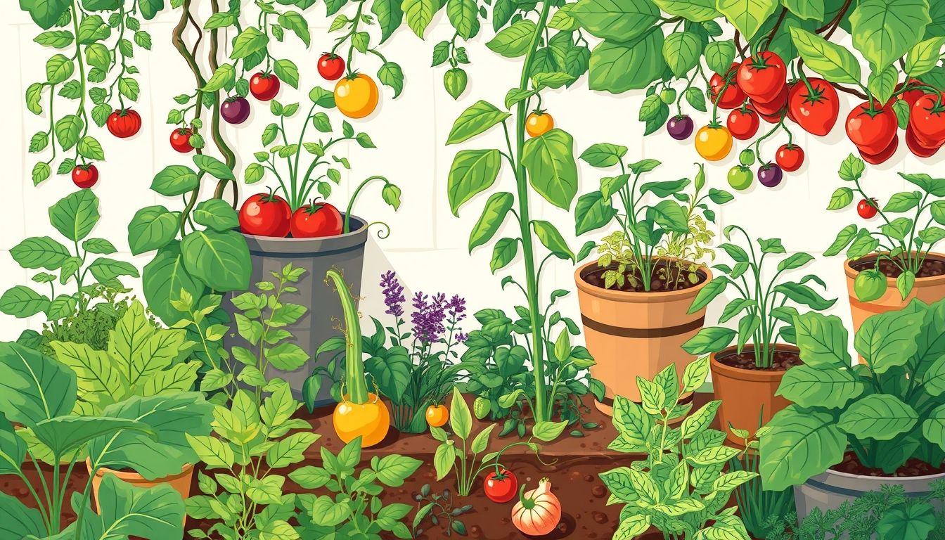 Lush garden with diverse edible plants