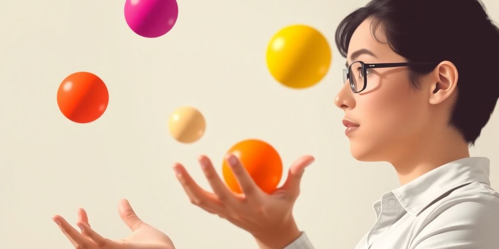 Person juggling many colorful balls.