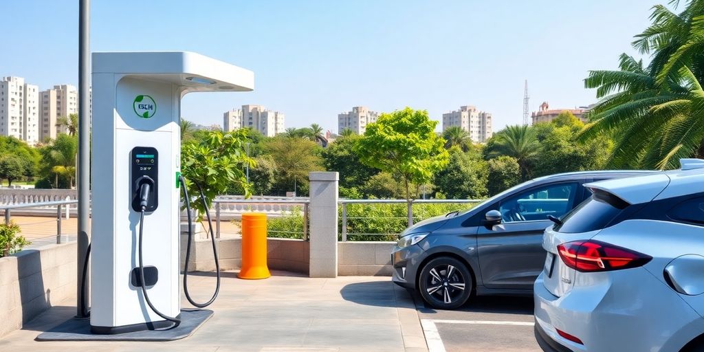 Electric vehicle charging station with urban surroundings.