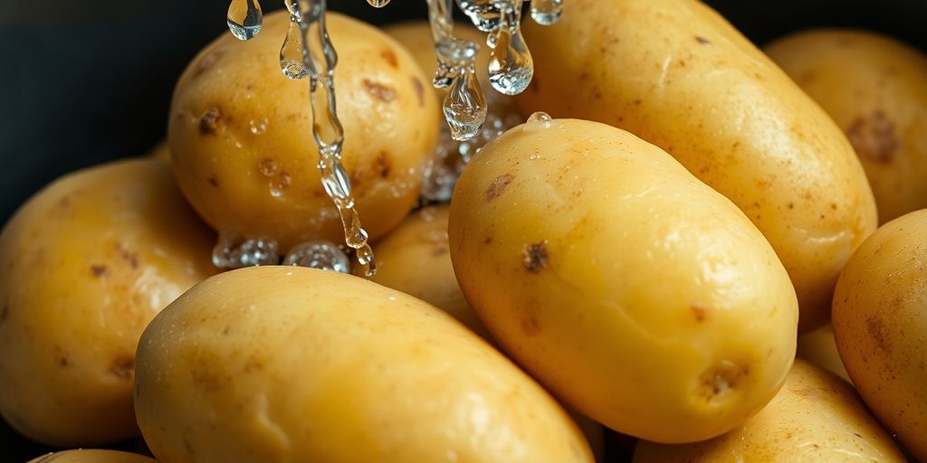 Verse biologische aardappelen spoelen onder stromend water.