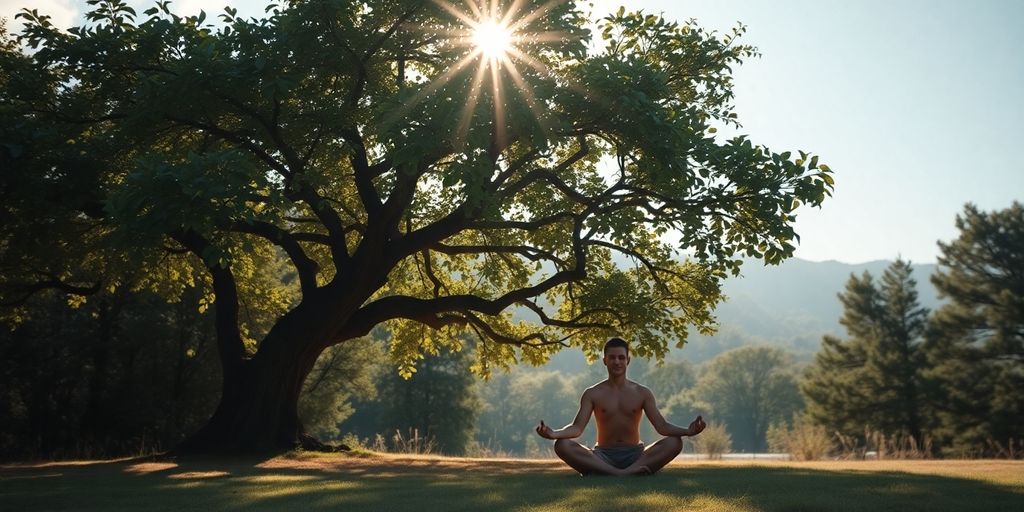 Person meditating under a tree in a tranquil landscape.