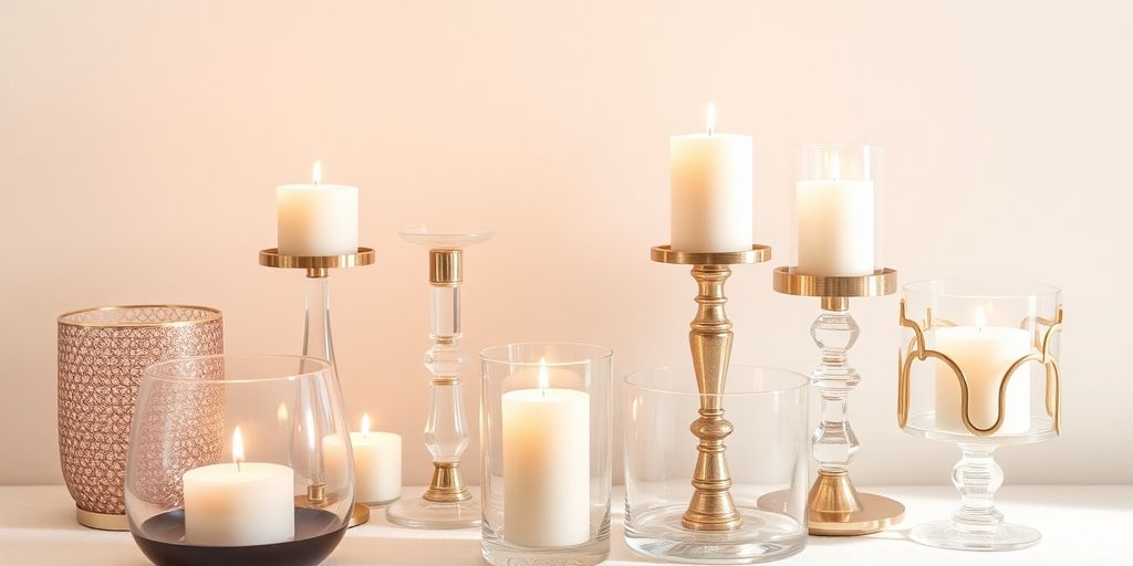 Elegant candleholders with lit candles on a neutral background.