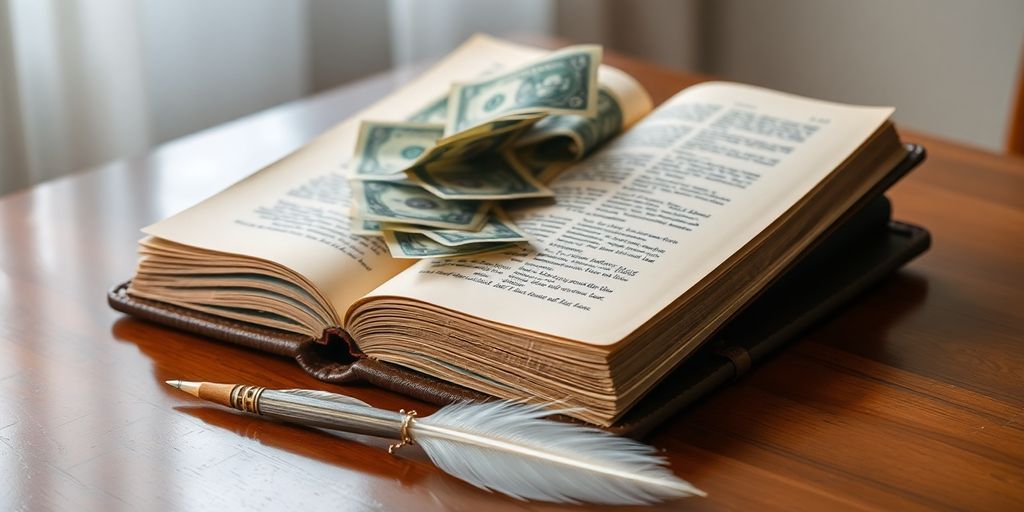 Open book, money, quill pen.