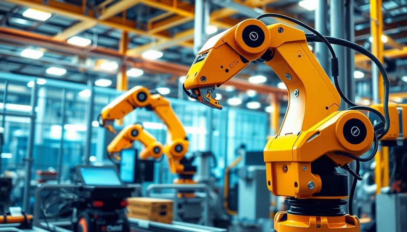 Robotic arms and AI in a modern industrial environment.