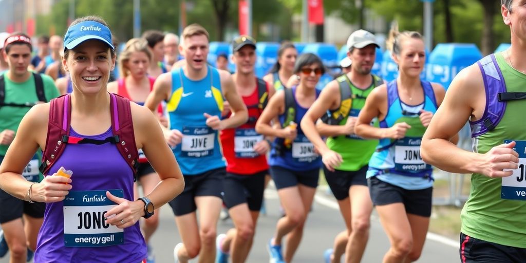 Runners with hydration packs during a half marathon race.