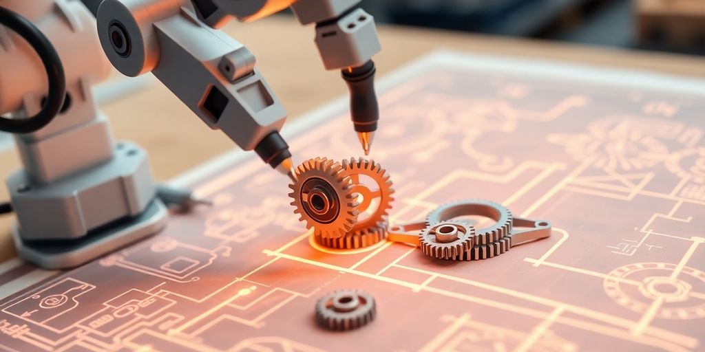 Robotic arm assembling gears on a blueprint.