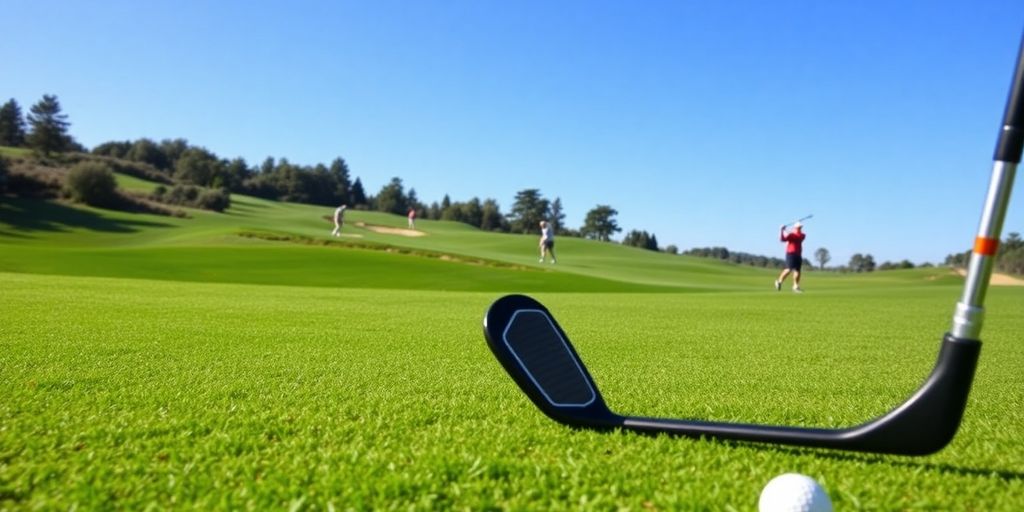 Golfers on a beautiful course with clear blue sky.
