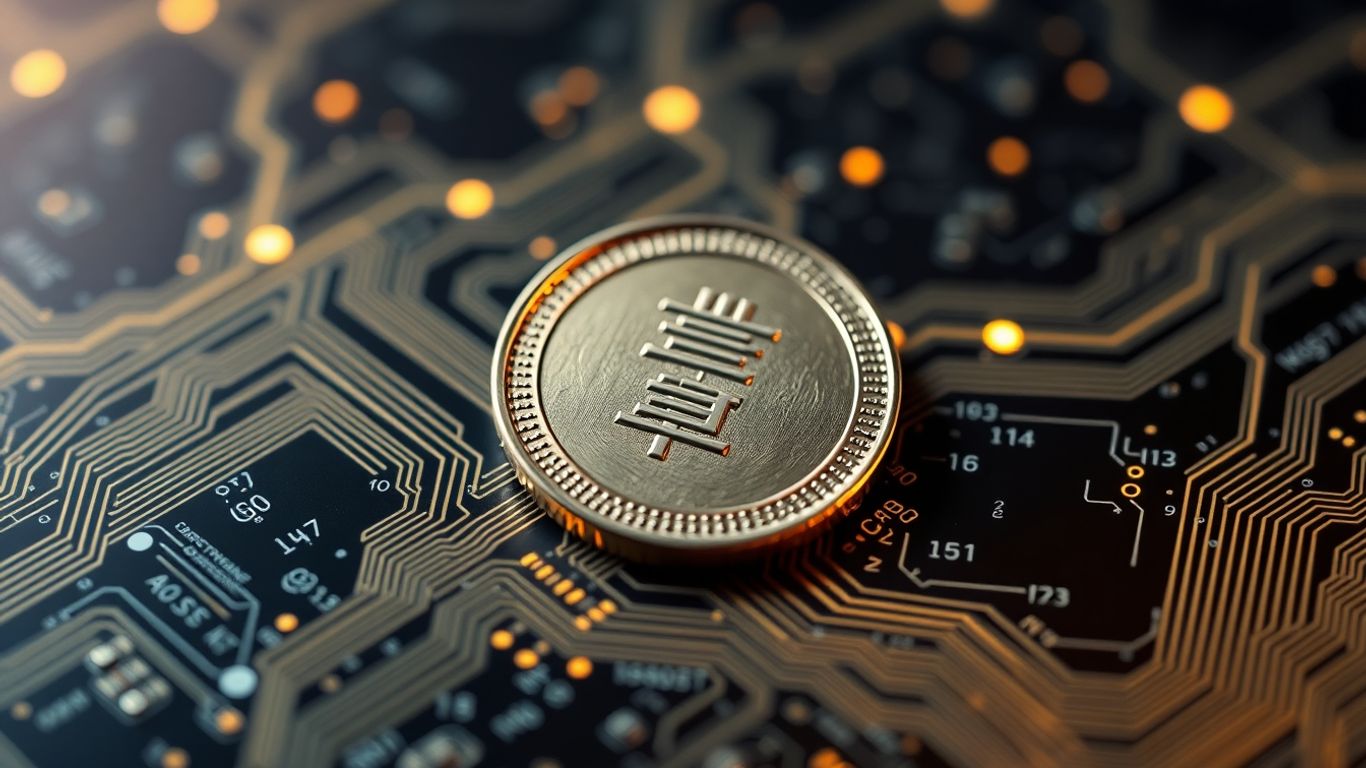 Japanese yen coin on digital circuit board with glowing code.