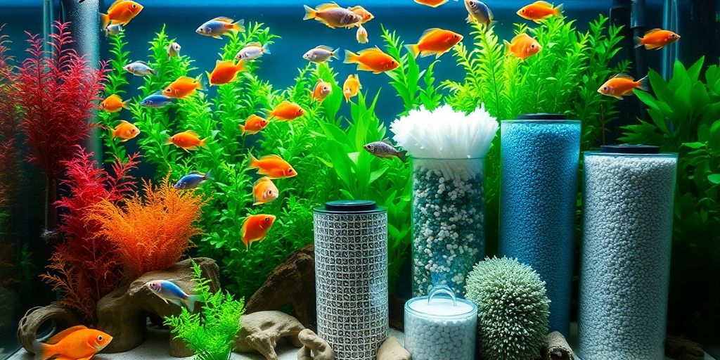 Acuario colorido con peces y medios de filtro.
