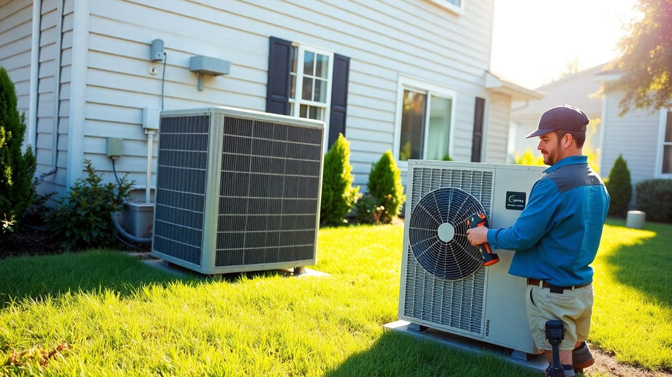 Technician servicing HVAC unit beside modern home outdoors.