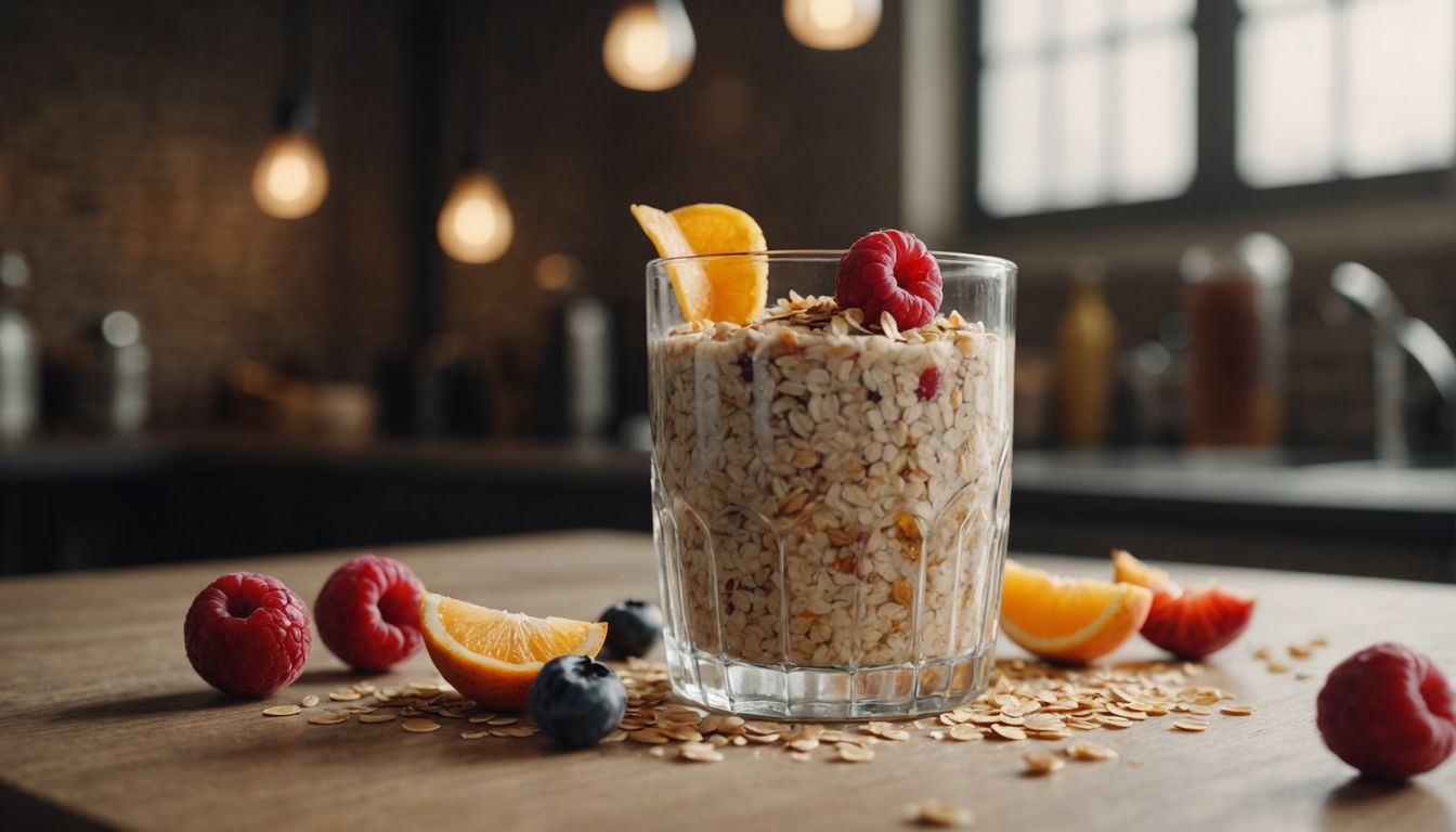 Healthy oatmeal drink surrounded by fresh fruits and oats.