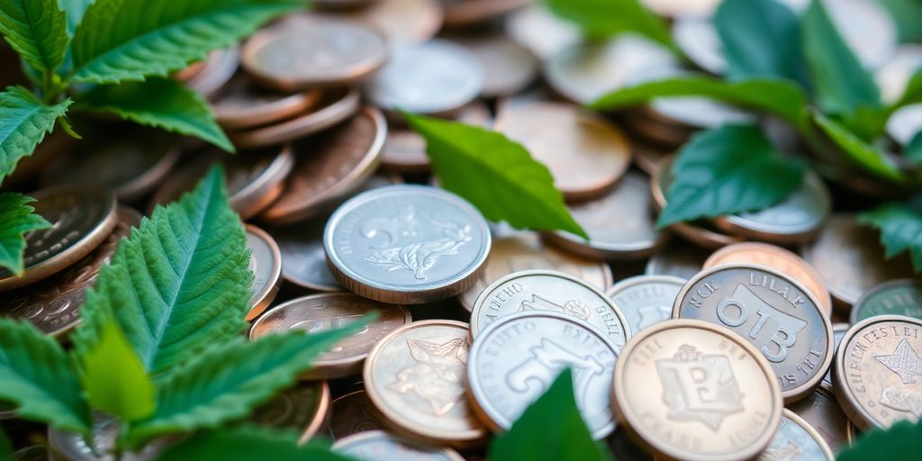 Pièces de monnaie et feuilles d'arbre vertes