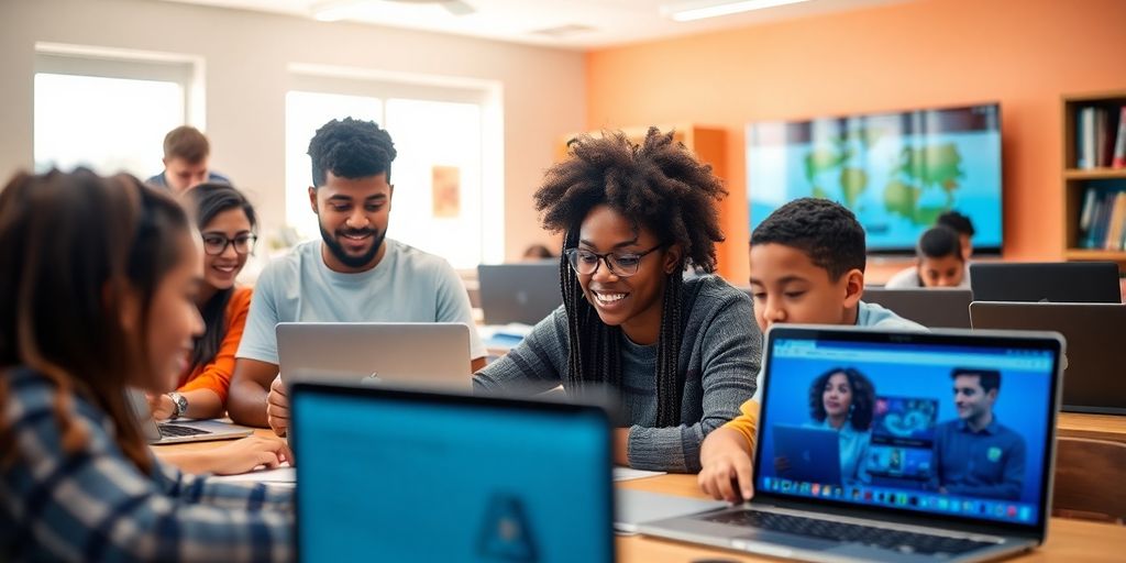 Diverse students engaged in online learning with laptops.