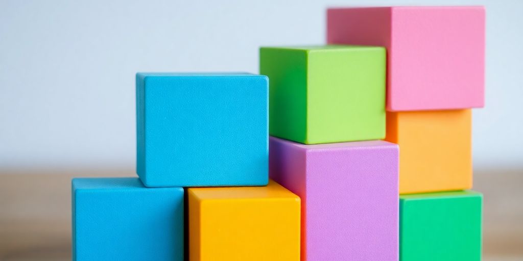 Eight colorful blocks arranged in a tiered formation.