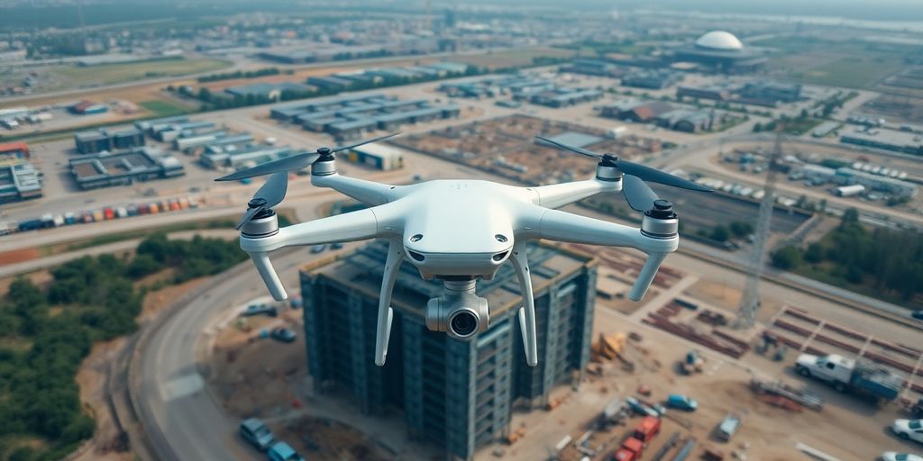 Drone hovering over construction site.