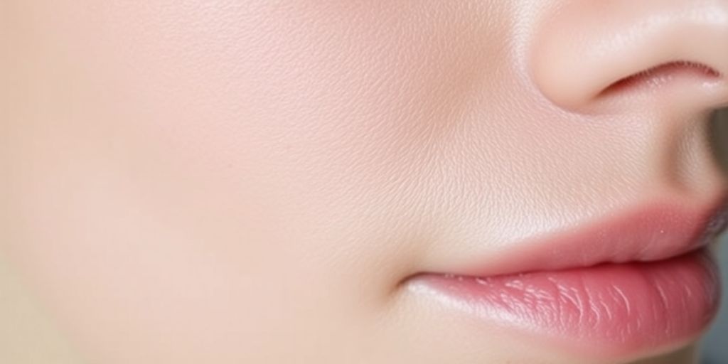 Close-up of cheeks with clear skin and visible pores.