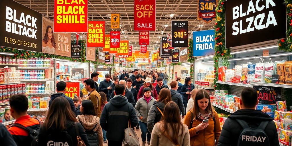 Compradores animados em loja durante a Black Friday.