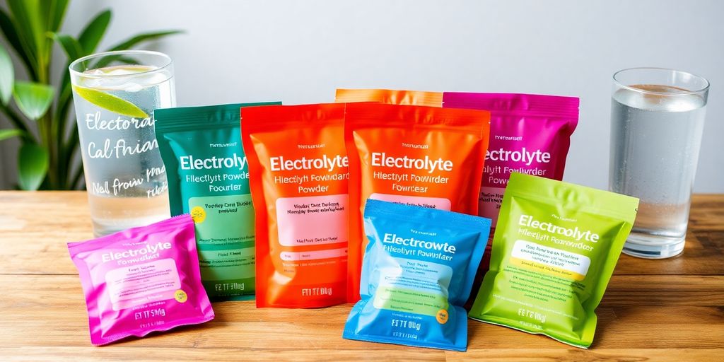 Colorful electrolyte powder packets and glass of water.