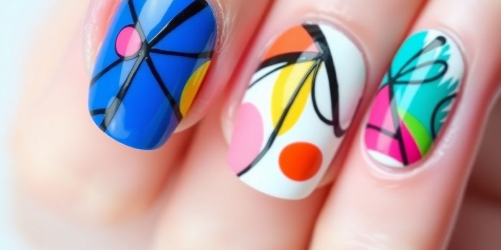 Uñas modernas con arte abstracto en colores vibrantes.