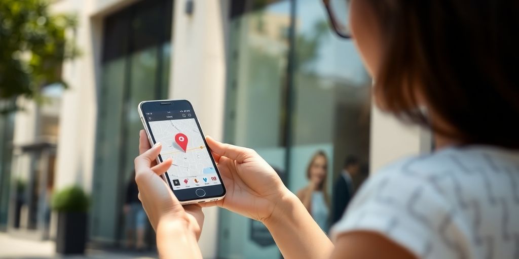 Woman holding phone, map, Zara store.