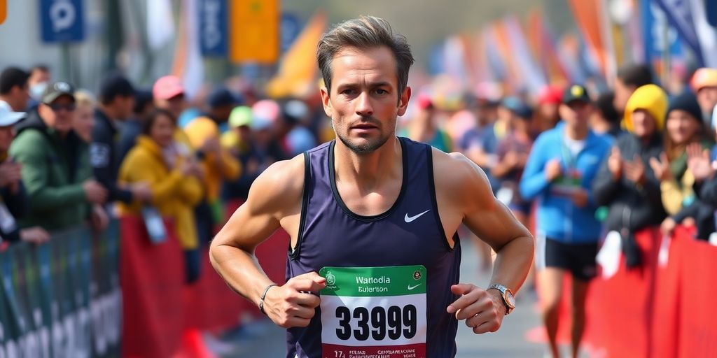 Runner overcoming challenges during a marathon event.