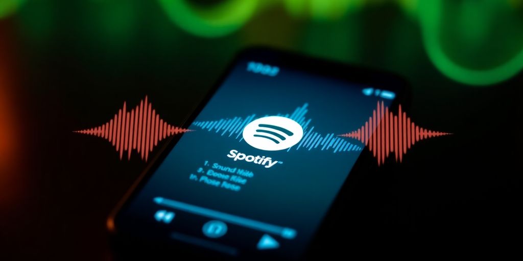 Podcast audio waves on a Spotify interface.