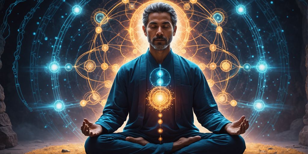 Healer meditating with glowing aura and quantum particles