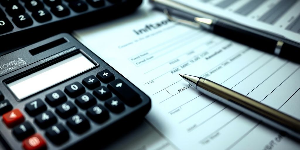 Calculator and documents on a desk for profit analysis.