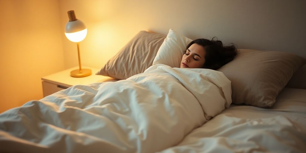 Peaceful bedroom, soft light, person sleeping soundly.