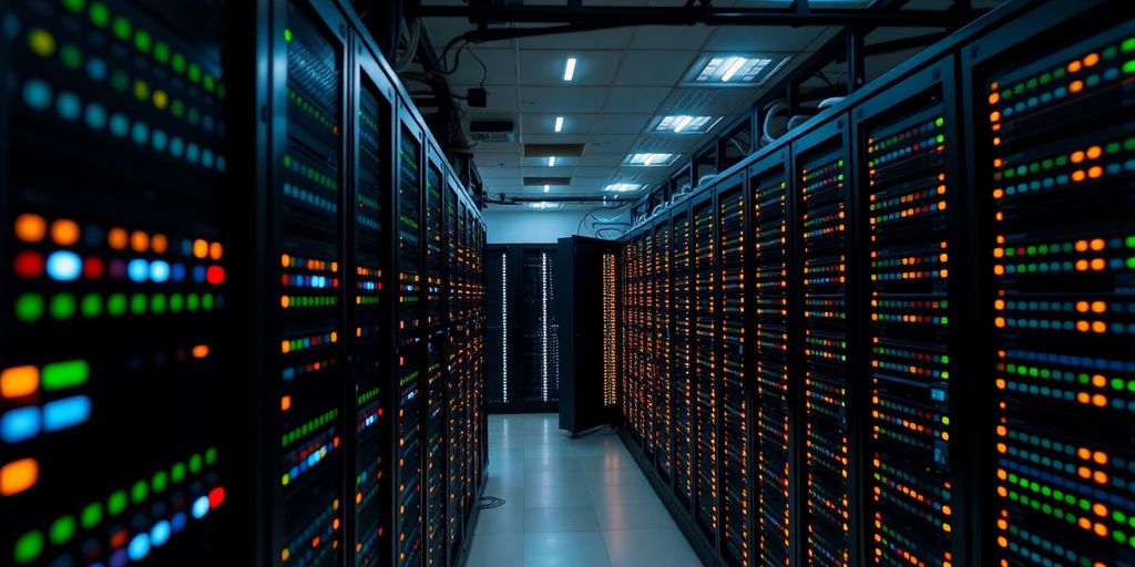 Network server room with blinking lights and equipment.