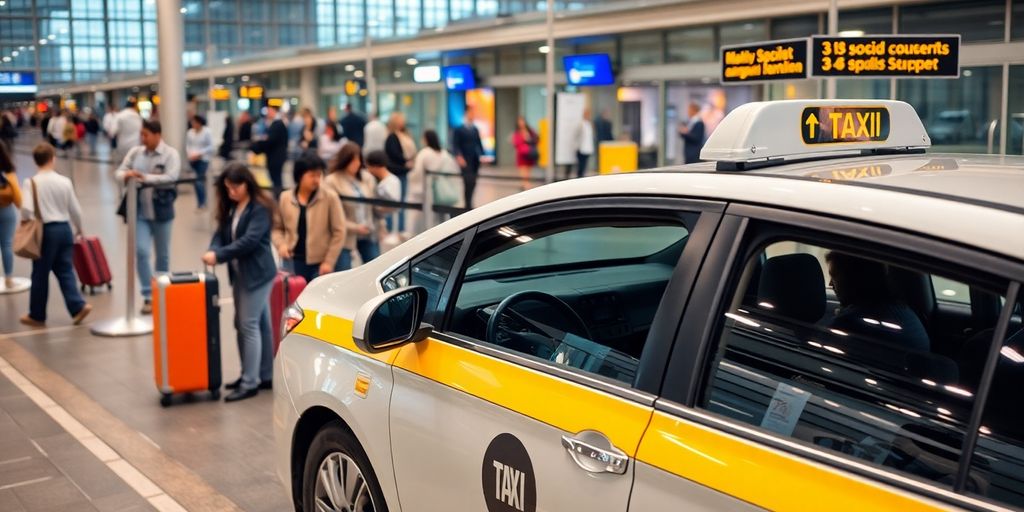 Professional taxi at airport with passengers and driver.