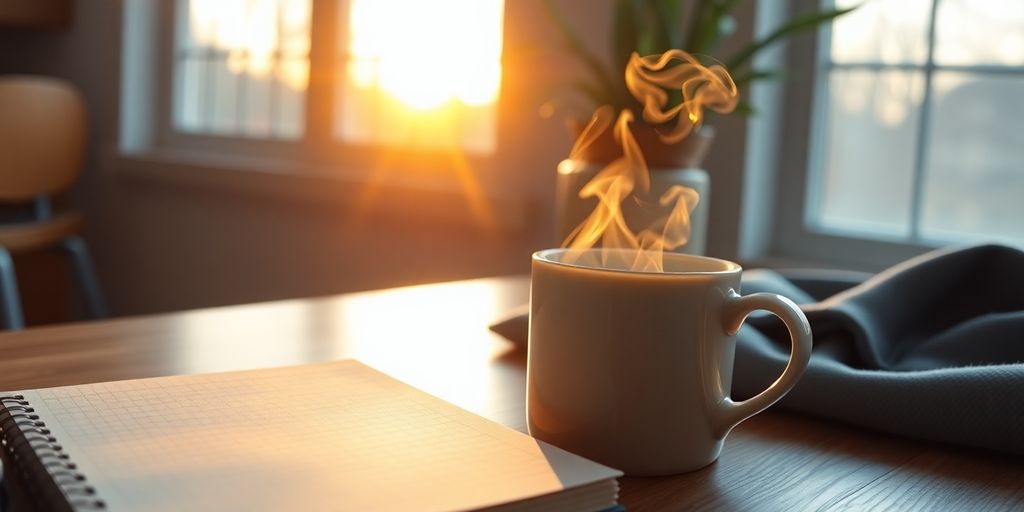 Morning scene with tea, notebook, and sunrise.