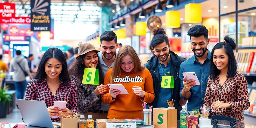 Entrepreneurs interacting with Shopify stores in a vibrant setting.