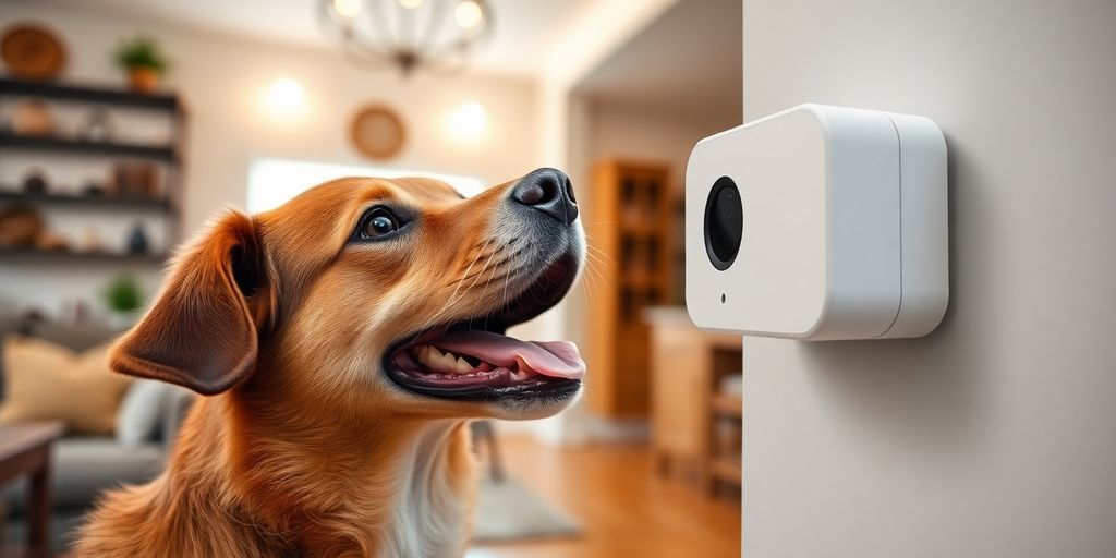 Dog looking at treat dispensing camera