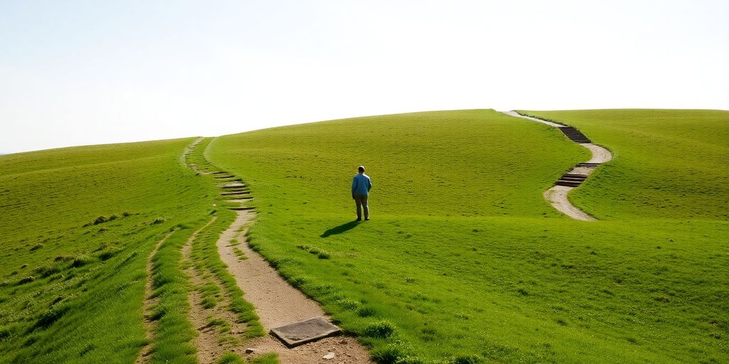 Two distinct paths converging, a person walking.