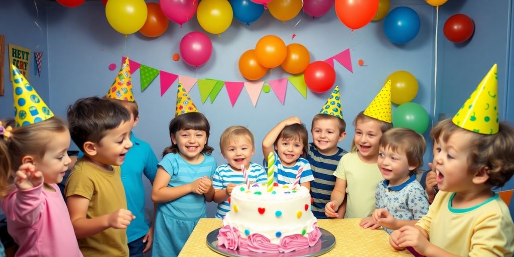 Children enjoying a lively party with colourful decorations.