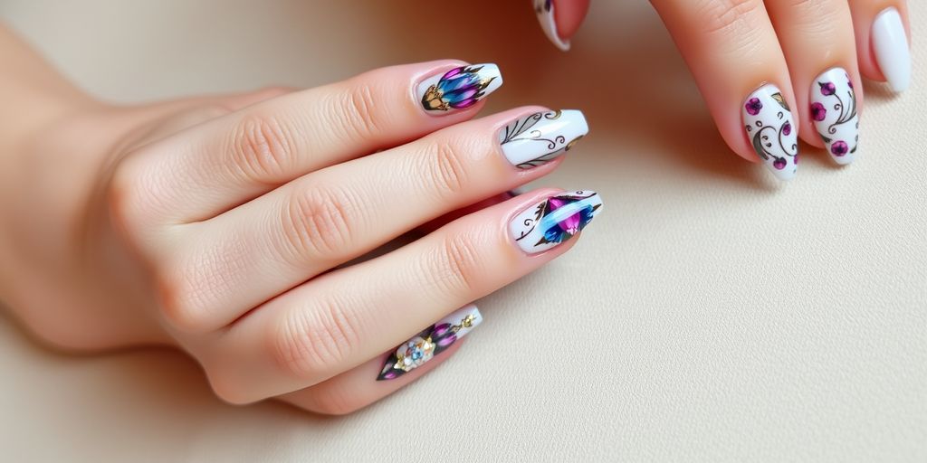 Unhas de gel decoradas com desenhos intrincados.
