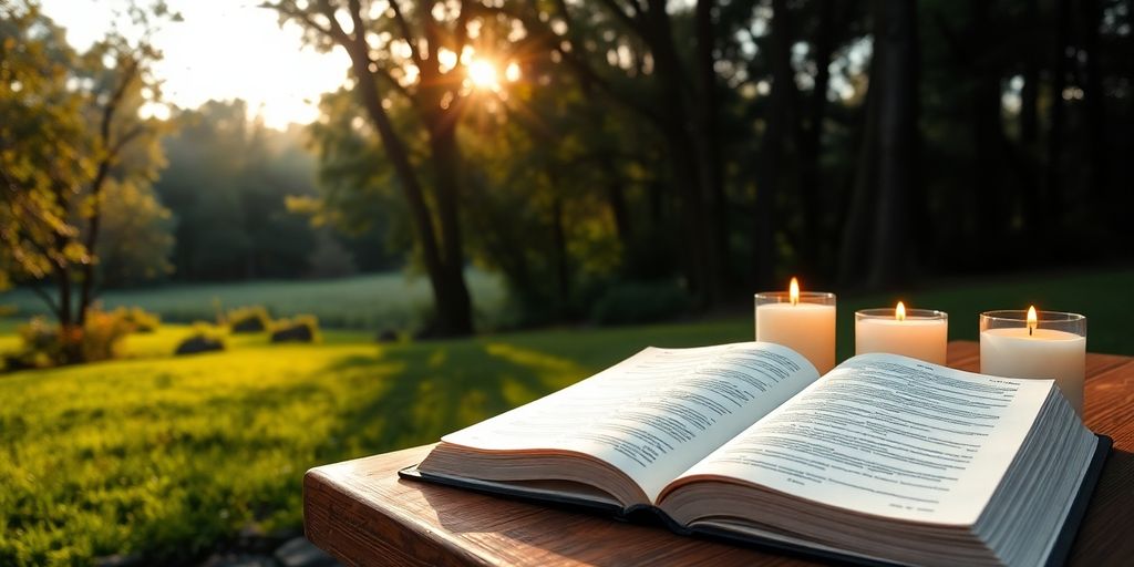 Silhouetted landscape with Bible and candles in soft light.