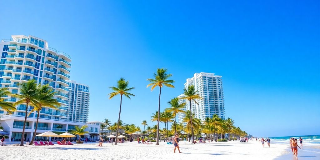 Sunny Isles Beach with condos, palm trees, and beachgoers.