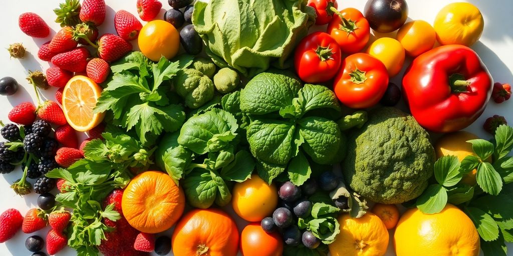 Assorted fresh fruits and vegetables on white surface.
