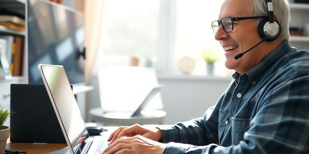 Elderly person happily working as virtual assistant.