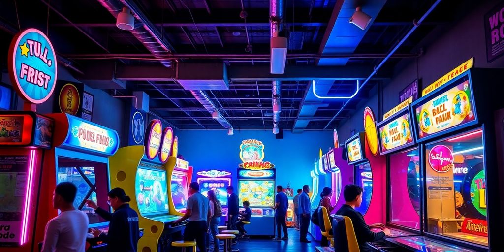 Colorful arcade games with players having fun.