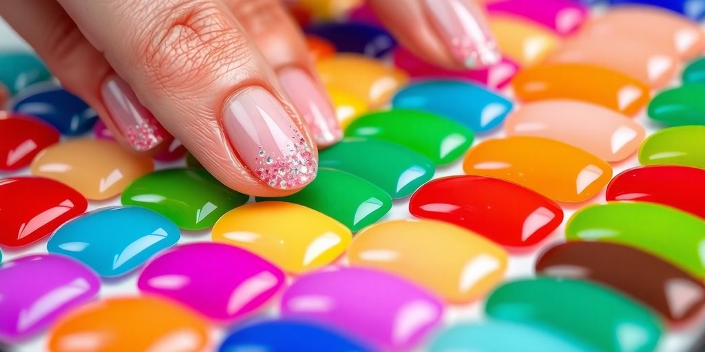 Imagem de unhas postiças autocolantes coloridas e brilhantes.