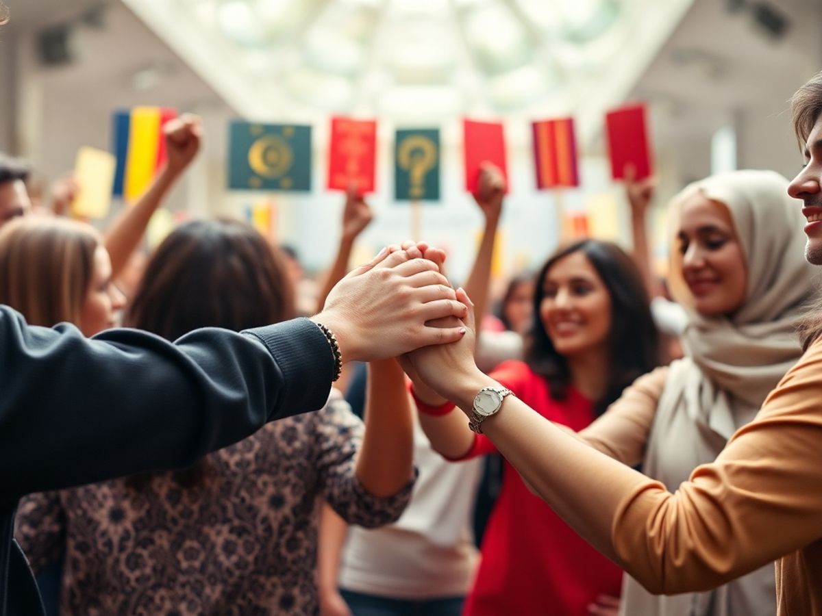 Grup divers de oameni ținându-se de mâini.