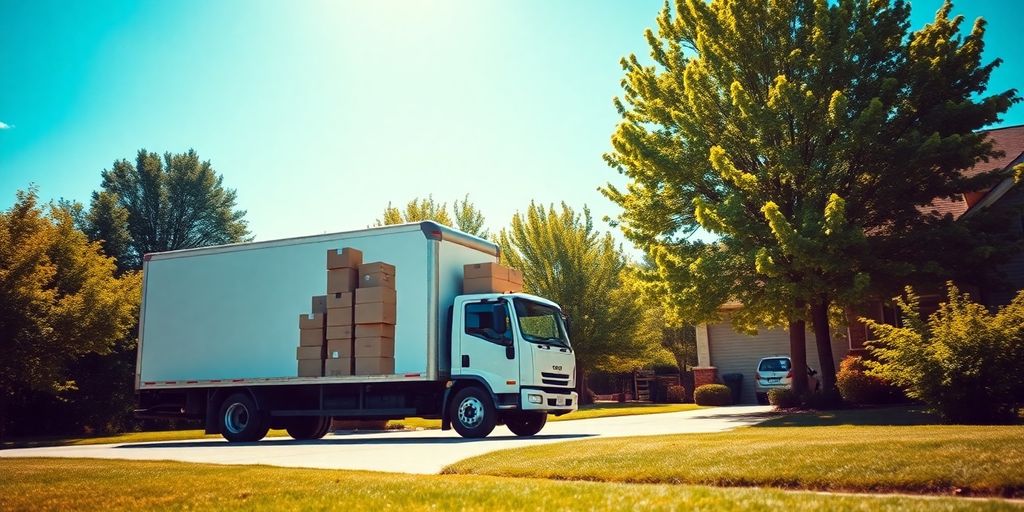 Moving truck outside a house with boxes and trees.