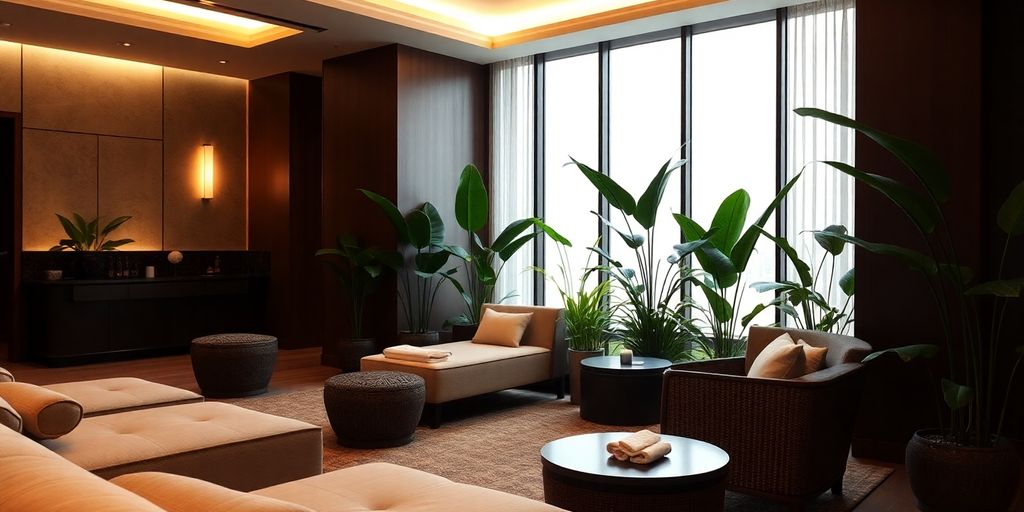Relaxing spa room with soft lighting and comfortable seating.