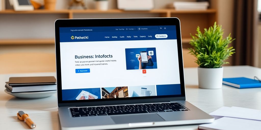 Professionele website op een laptop in moderne kantooromgeving.