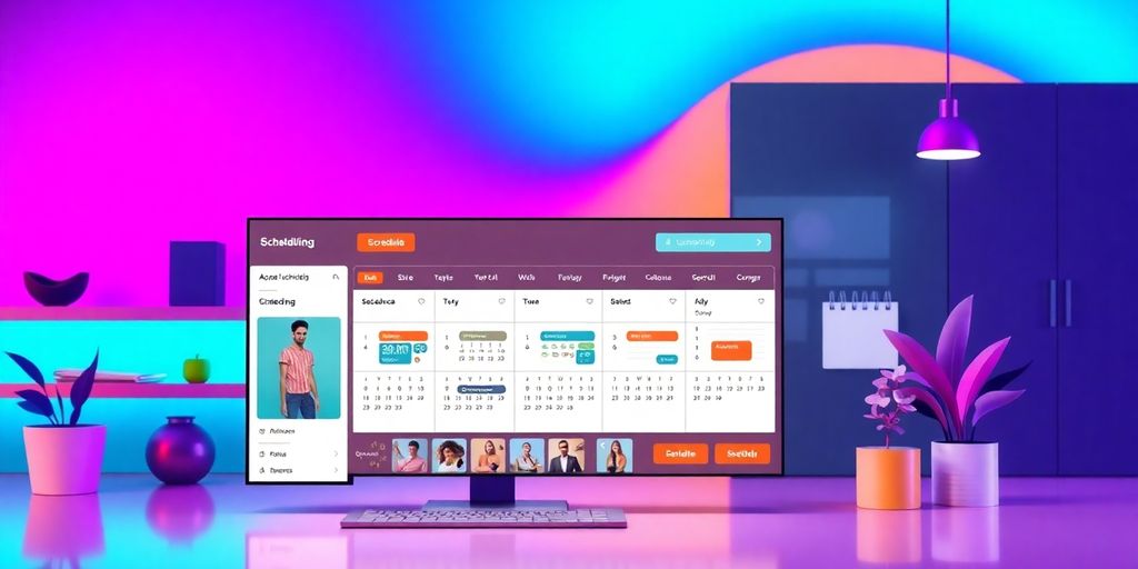 Online store with scheduling plugin interface displayed.