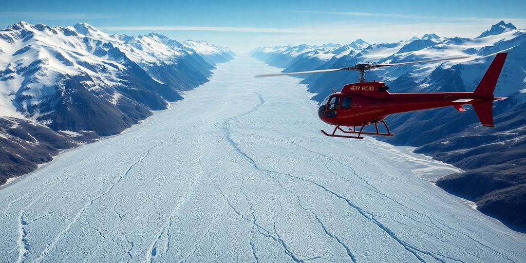 A red helicopter flies over a vast Alaskan glacier.